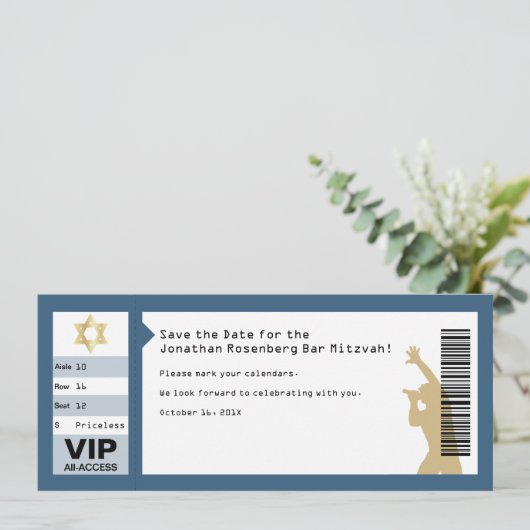 Concert Ticket Bar Mitzvah Save the Date in Navy (Staand voorkant)