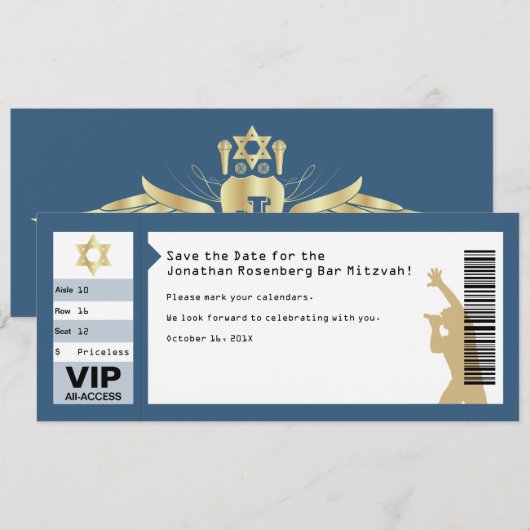 Concert Ticket Bar Mitzvah Save the Date in Navy (Voorkant / Achterkant)
