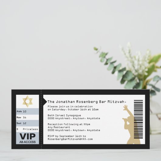 Concert Ticket Bar Mitzvah Uitnodiging in het zwar (Staand voorkant)