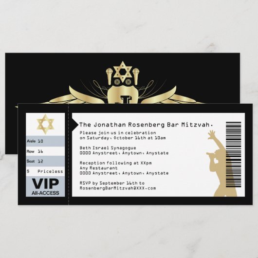 Concert Ticket Bar Mitzvah Uitnodiging in het zwar (Voorkant / Achterkant)