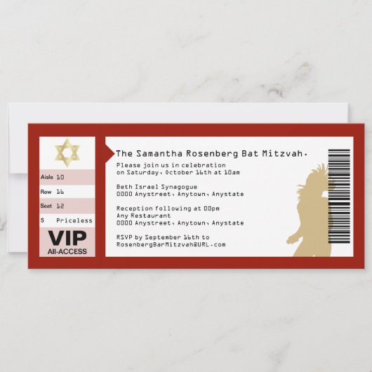 Concert Ticket Bat Mitzvah Invitation Crimson Red Kaart (Voorkant)