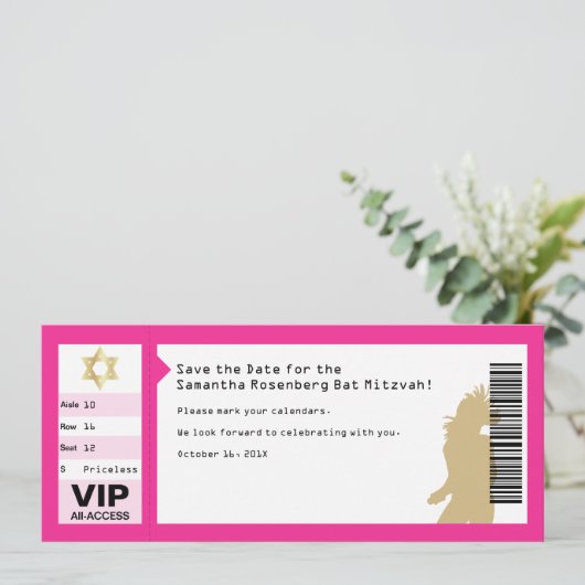Concert Ticket Bat Mitzvah Save the Date in Roze Kaart (Staand voorkant)