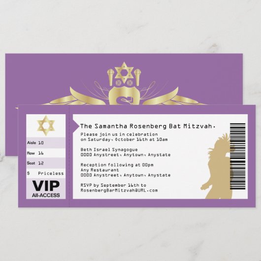 Concert Ticket Bat Mitzvah Uitnodiging in Paars (Voorkant / Achterkant)