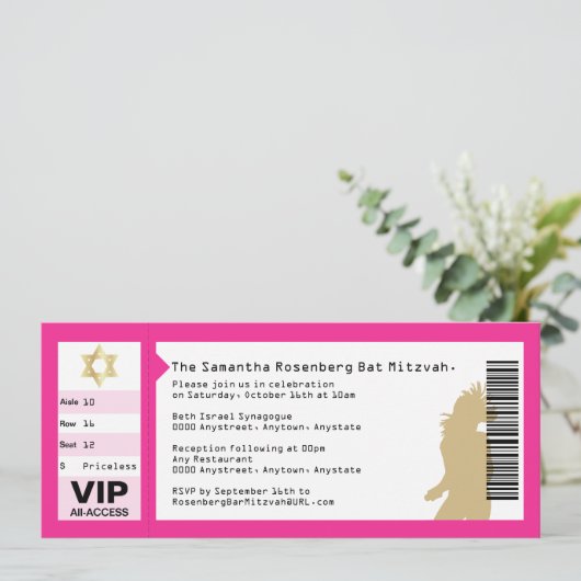 Concert Ticket Bat Mitzvah Uitnodiging in roze (Staand voorkant)