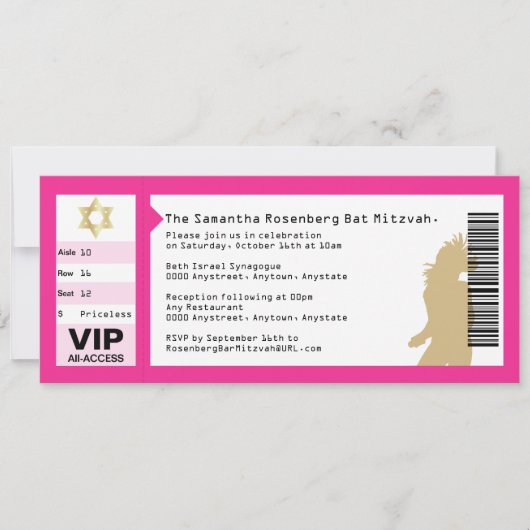 Concert Ticket Bat Mitzvah Uitnodiging in roze (Voorkant)