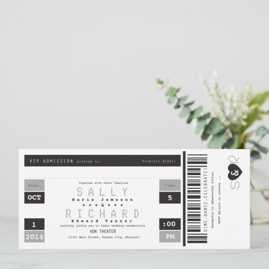 Concert voor Ticket Uitnodiging zwart-wit en grijs (Staand voorkant)