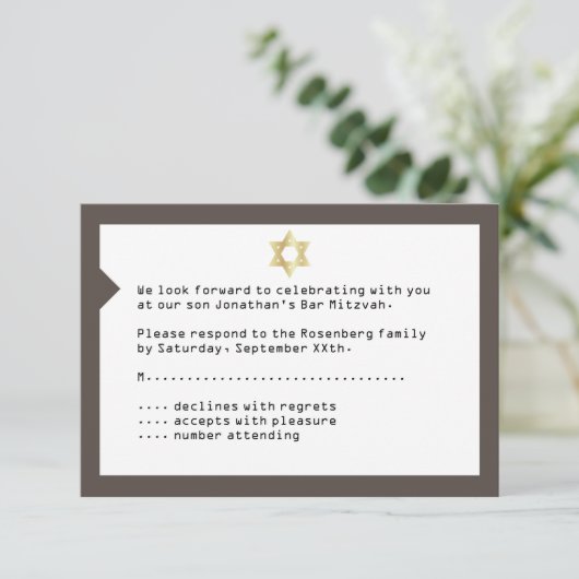 Concertbalie Mitzvah RSVP Reply Card Brown Kaart (Staand voorkant)