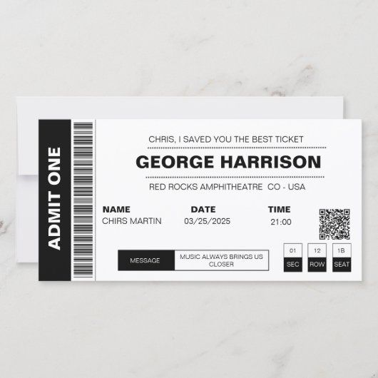 Concertticket QR code minimalistisch zwart-wit (Voorkant)