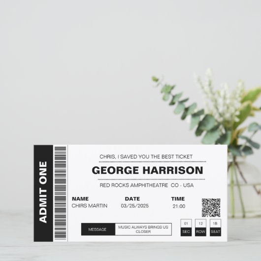 Concertticket QR code minimalistisch zwart-wit (Staand voorkant)