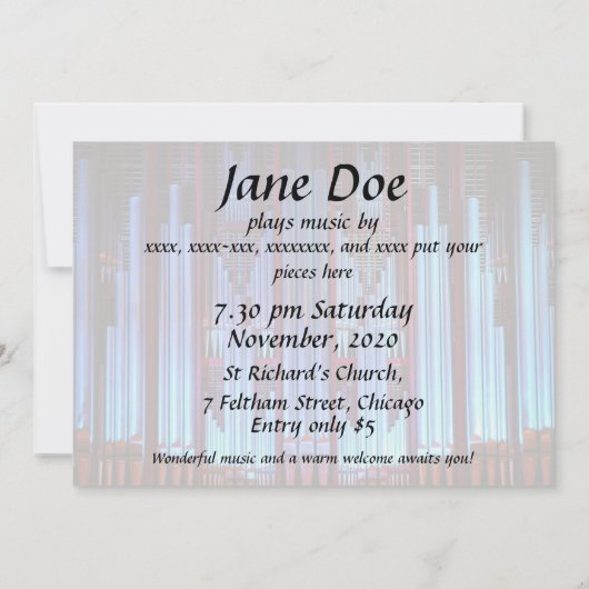 Concertuitnodiging - blauwe buizen kaart (Achterkant)