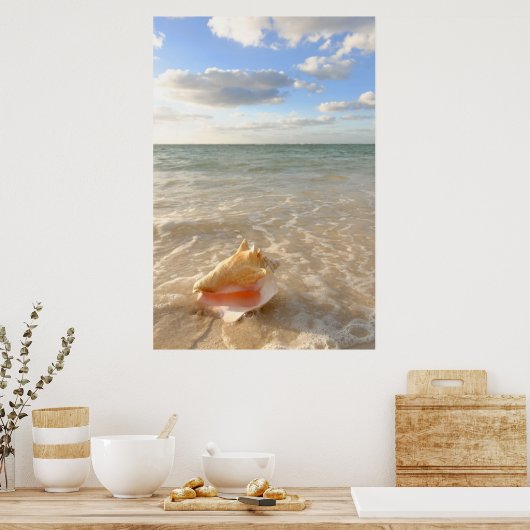 Conch Shell in zand op tropisch strand Poster (Keuken)