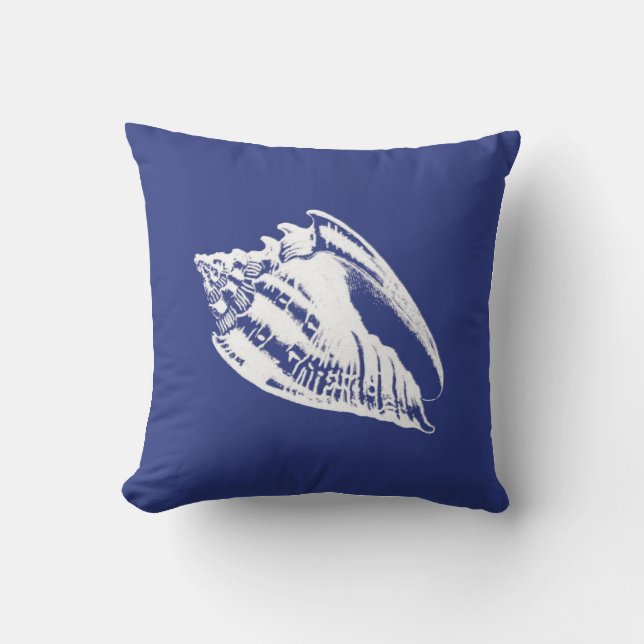 Conch Shell - marineblauw en wit Buitenkussen (Voorkant)