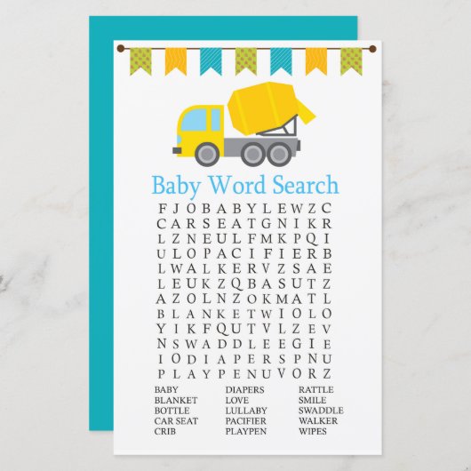 Concrete mixer Baby shower Word Search Game (Voorkant / Achterkant)