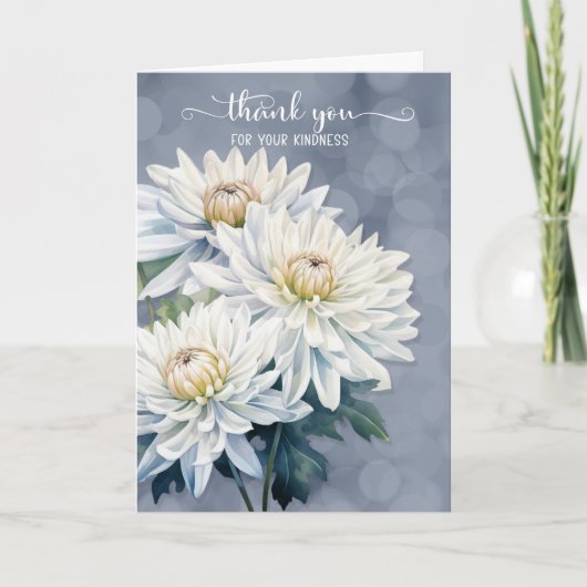 Condoleance Witte Chrysanten op Blauw Bedankkaart (Voorkant)