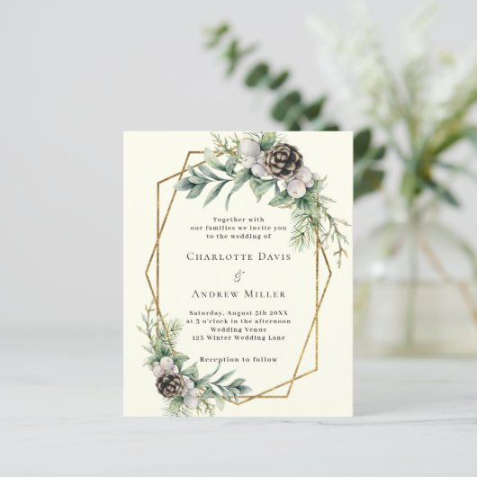 Cone pine groen geo ivoor bruiloft uitnodiging (Staand voorkant)