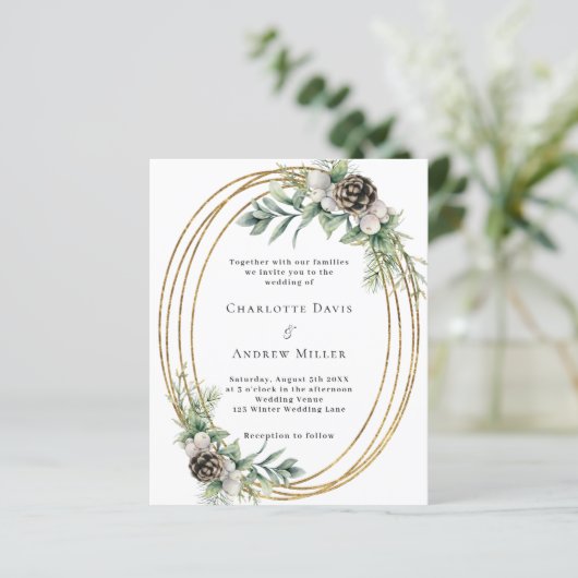 Cone pine groen gouden lijst huwelijksuitnodiging (Staand voorkant)