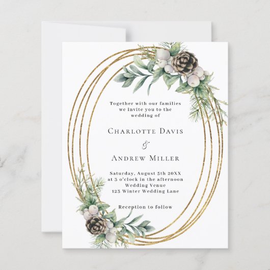 Cone pine groen gouden lijst huwelijksuitnodiging (Voorkant)