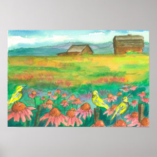 Coneflower Field Meadowlars on Fence Poster