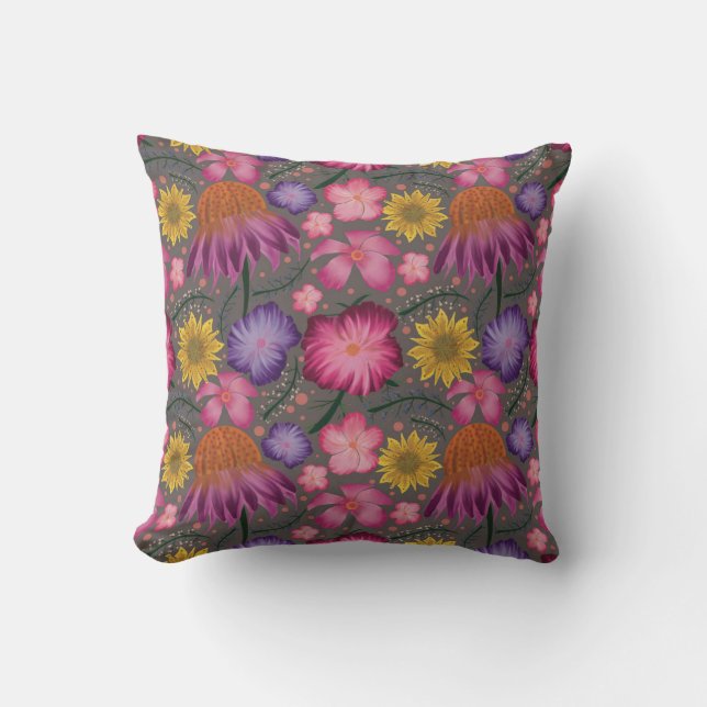 Coneflower Grey Floral Pattern Kussen (Voorkant)