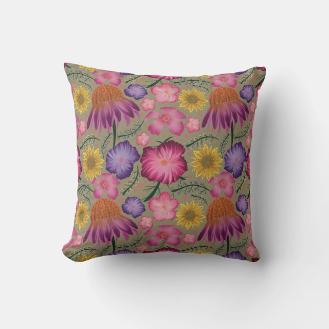 Coneflower Sage Green Floral Pattern Kussen (Voorkant)
