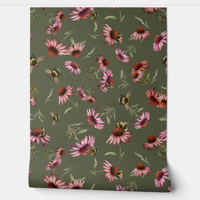 Coneflowers Echinacea Bees Pattern Behang (Afrollen)