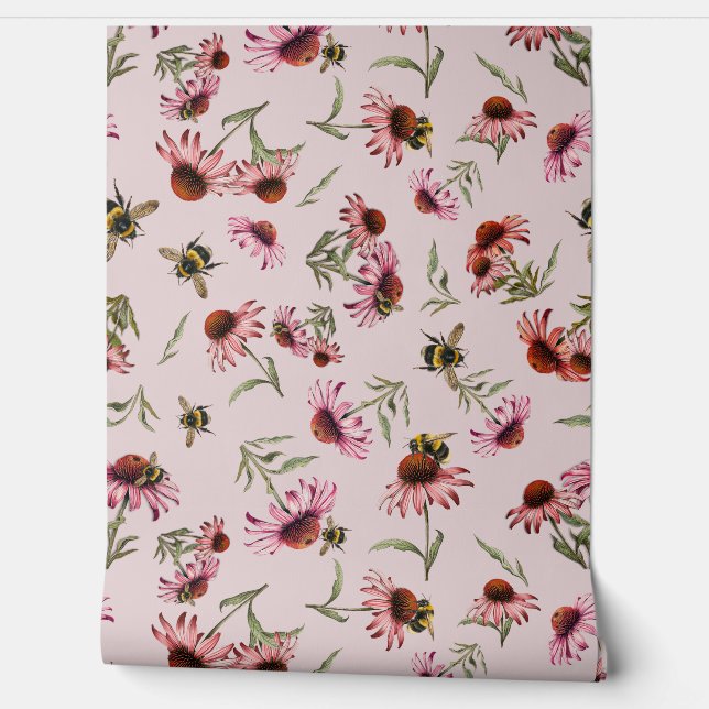 Coneflowers Echinacea Bees Pattern Behang (Afrollen)