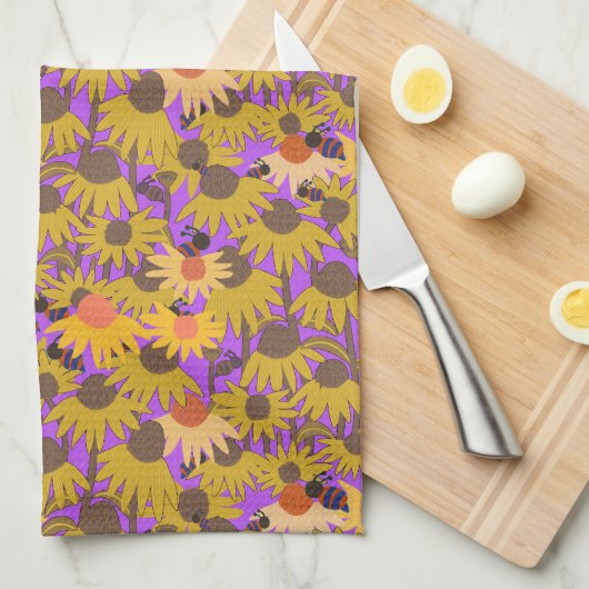 Coneflowers en bijen Paarse achtergrond Theedoek (Quarter Fold)