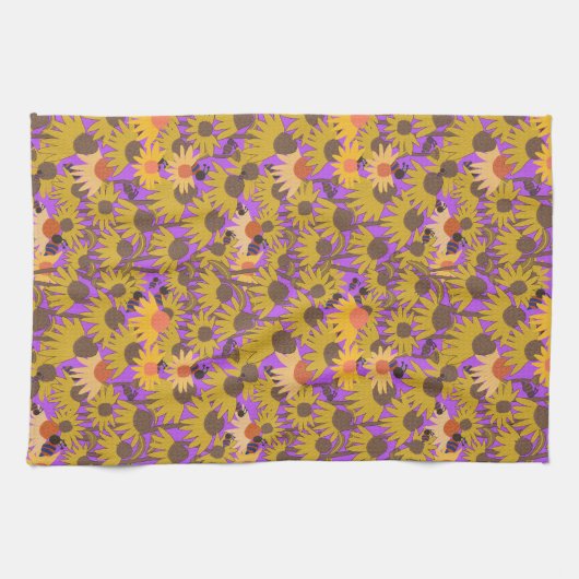 Coneflowers en bijen Paarse achtergrond Theedoek (Horizontaal)