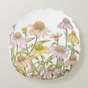 Coneflowers Floral Botanical Art Waterverf Rond Kussen