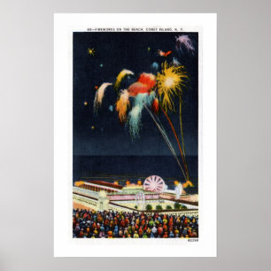  Coney Island - vuurwerk op het strand Poster