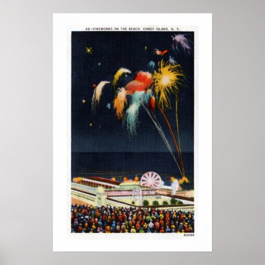  Coney Island - vuurwerk op het strand Poster (Voorkant)