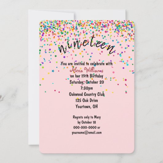 confetti 19e verjaardagsfeest kaart (Voorkant)