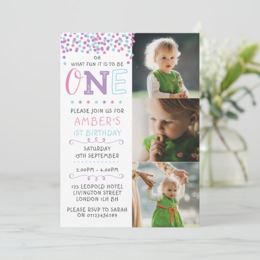 Confetti 1e verjaardag uitnodiging (Staand voorkant)