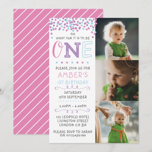 Confetti 1e verjaardag uitnodiging (Voorkant / Achterkant)