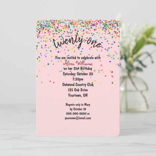 confetti 21e verjaardagsfeestje kaart (Staand voorkant)