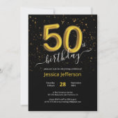 Confetti 50th Birthday Black Gold Balloon Modern Kaart (Voorkant)