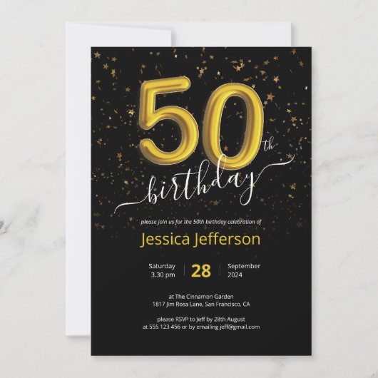 Confetti 50th Birthday Black Gold Balloon Modern Kaart (Voorkant)