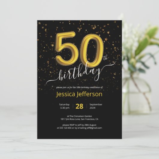 Confetti 50th Birthday Black Gold Balloon Modern Kaart (Staand voorkant)