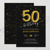 Confetti 50th Birthday Black Gold Balloon Modern Kaart (Voorkant / Achterkant)