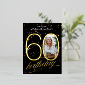 Confetti Aangepaste foto Goud Zwart 60e Verjaardag Folie Uitnodiging Briefkaart (Staand Voorkant)