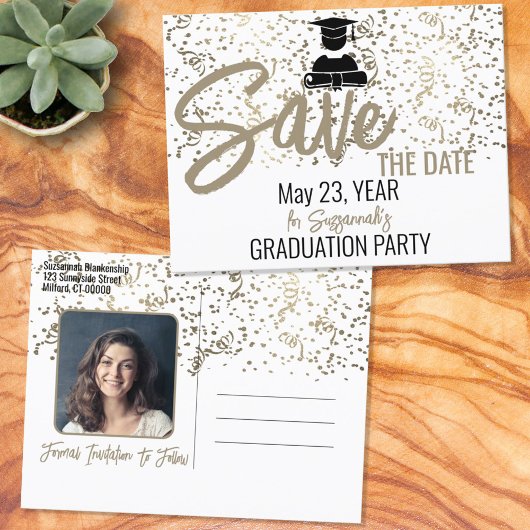 Confetti Afstuderen Aangepaste foto Opslaan Datum Aankondigingskaart
