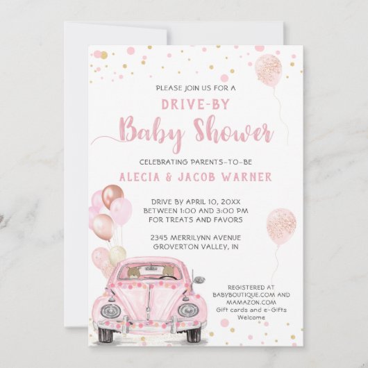 Confetti-Baby shower op roze autoballonnen Kaart (Voorkant)