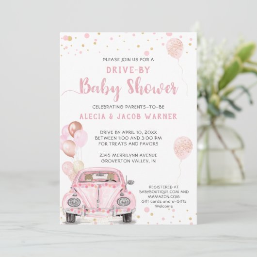Confetti-Baby shower op roze autoballonnen Kaart (Staand voorkant)