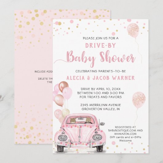 Confetti-Baby shower op roze autoballonnen Kaart (Voorkant / Achterkant)