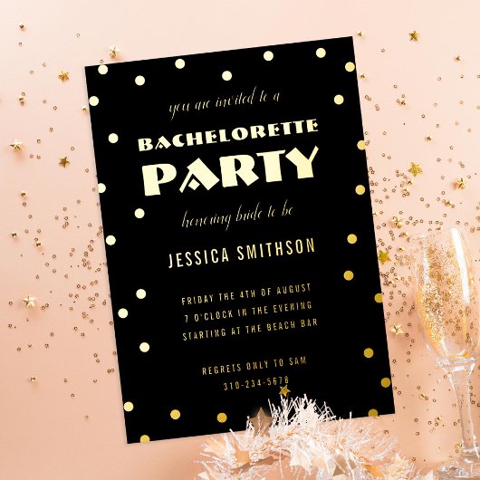 Confetti Bachelorette Party Black and Gold Foil Folie Uitnodiging
