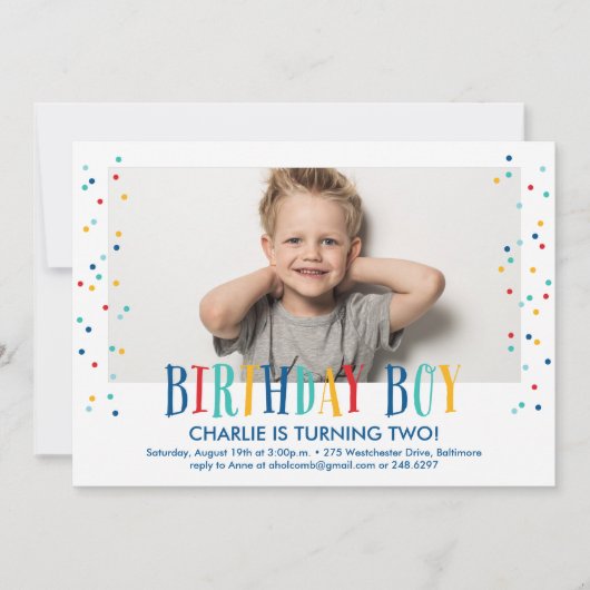 Confetti Birthday Boy Fotouitnodiging Kaart (Voorkant)