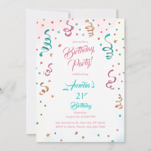 Confetti Birthday Invitation template editable Kaart (Voorkant)