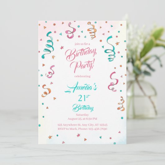 Confetti Birthday Invitation template editable Kaart (Staand voorkant)