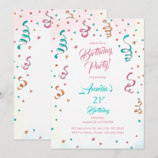 Confetti Birthday Invitation template editable Kaart (Voorkant / Achterkant)