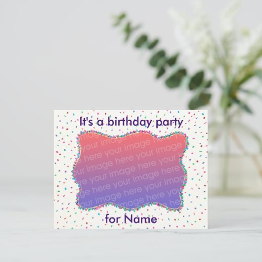 Confetti Birthday Party Photo Invitations Kaart (Staand voorkant)